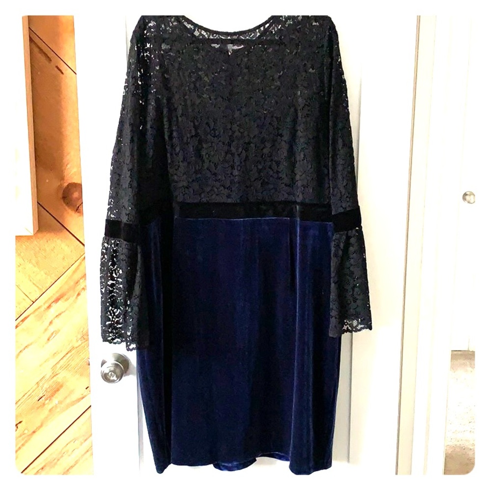 Black lace and blue velvet cocktail dress